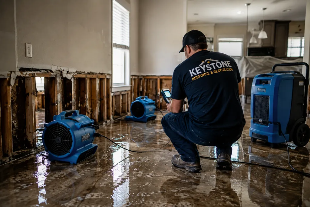 A Keystone Response & Restoration technician kneeling beside air movers and a dehumidifier, checking a moisture meter in a flooded Kingsland, TX home.