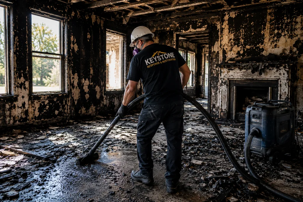 Keystone crew member vacuuming soot and fire debris from the floor of a burned-out living room with charred walls and ceiling joists.