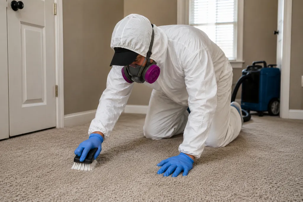 Keystone biohazard technician in a protective suit, respirator, and gloves scrubbing and disinfecting carpet during a trauma cleanup.